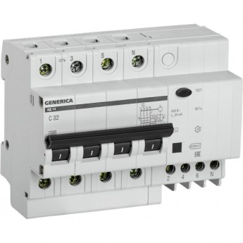 Дифференциальный автоматический выключатель IEK АД14 4Р 32А 30мА GENERICA - MAD15-4-032-C-030 Дифференциальный автоматический выключатель IEK АД14 4Р 32А 30мА GENERICA - MAD15-4-032-C-030