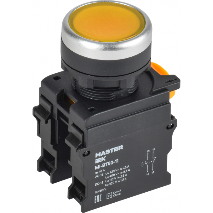 Кнопка IEK MASTER MI-BT60-11-3-22-K05 d=22мм 1NO+1NC жёлтая MI-BT60-11-3-222-K05