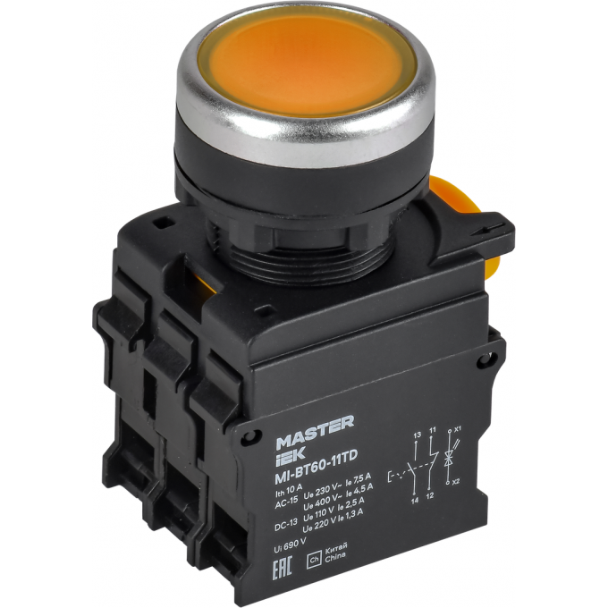 Кнопка с подсветкой и фиксацией IEK MASTER MI-BT60-11TD-3-11-K05 d=22мм 1NO+1NC жёлтая MI-BT60-11TD-3-11-K005